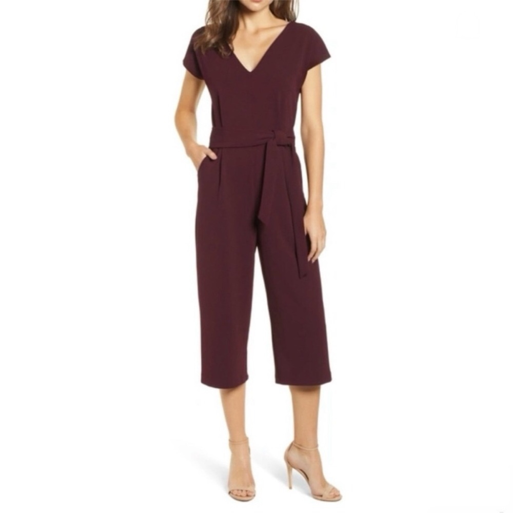 Bishop + Young plum purple maroon cap sleeve tie waist cropped jumpsuit Medium
